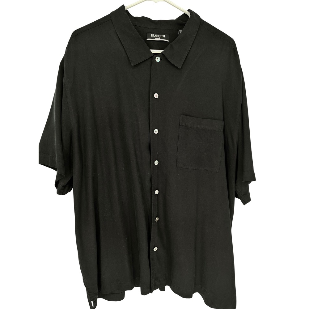 BRANDINI 100% Pure Silk Button Up Shirt Mens XXL Black Short Sleeve Collared